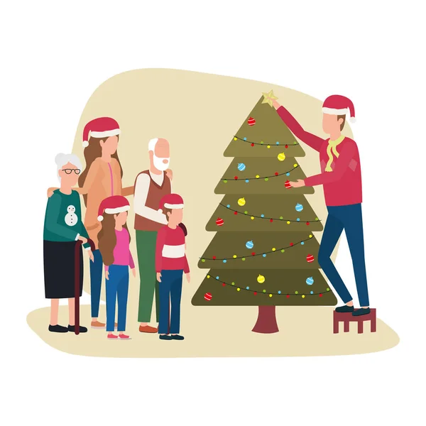 소나무로 크리스마스를 축하하는 가족 성원들 — 스톡 벡터