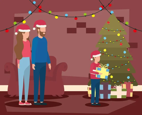 Pais e filho celebrando o Natal na sala de estar com árvore —  Vetores de Stock