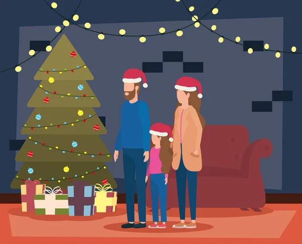 Eltern und Tochter feiern Weihnachten im Wohnzimmer mit Baum — Stockvektor