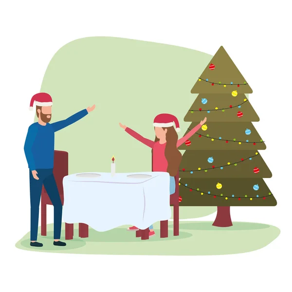 Heureux joyeux couple de Noël célébrant avec dîner romantique — Image vectorielle