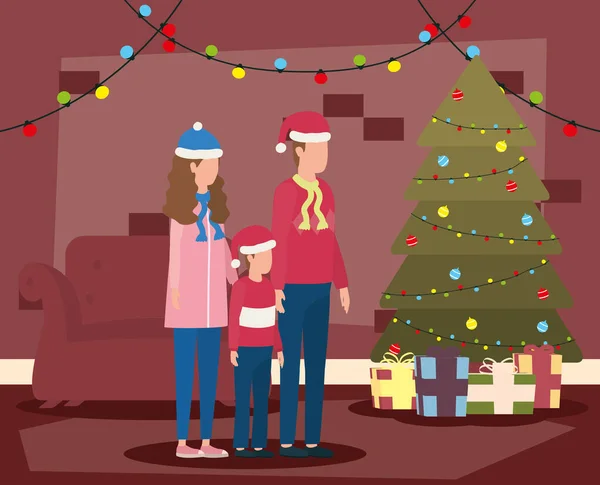 Parents et fils célébrant Noël dans le salon avec arbre — Image vectorielle