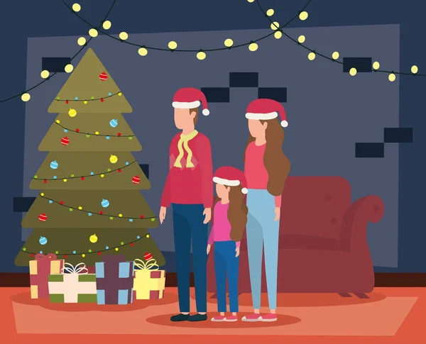 부모와 딸 이 나무와 함께 거실에서 크리스마스를 축하하는 모습 — 스톡 벡터