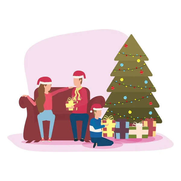 Γονείς και γιος γιορτάζουν τα Χριστούγεννα στο σαλόνι με δέντρο — Διανυσματικό Αρχείο