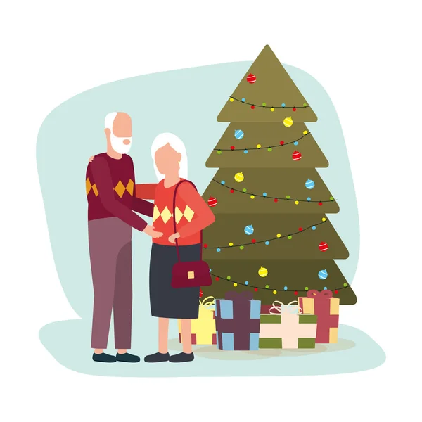 소나무로 크리스마스를 축하하는 조부모 부부들 — 스톡 벡터