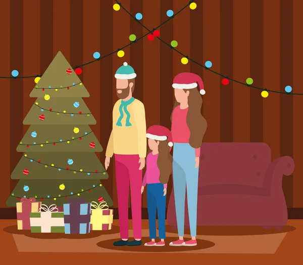 Genitori e figlia festeggiano il Natale in salotto con albero — Vettoriale Stock