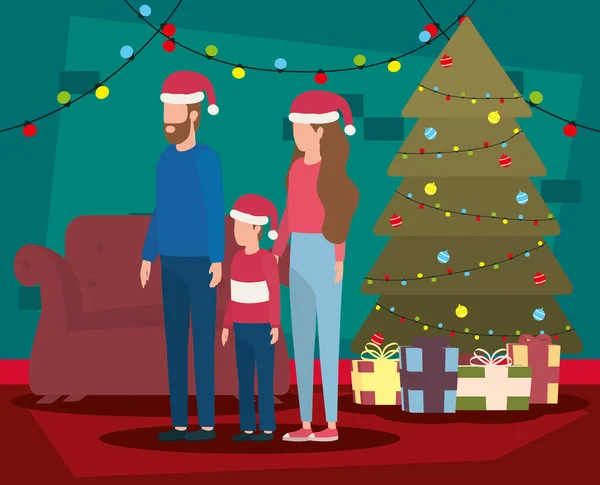 Eltern und Sohn feiern Weihnachten im Wohnzimmer mit Baum — Stockvektor