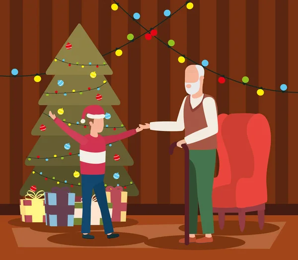 할아버지와 손자가 나무와 함께 거실에서 크리스마스를 축하하는 모습 — 스톡 벡터
