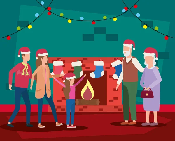 Familieleden die kerst vieren in de schoorsteen — Stockvector