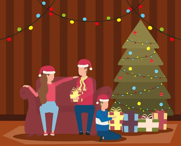 幸せなメリークリスマスカップルお祝い松の木 — ストックベクタ