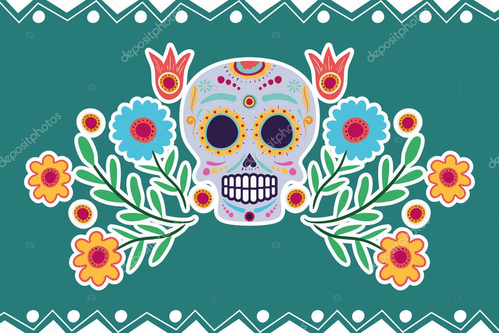 dia de los muertos card with head skull and flowers