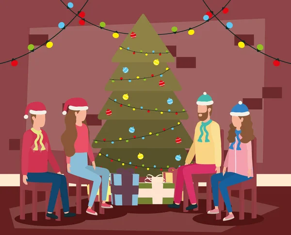 Feliz feliz feliz navidad parejas celebrando con árbol — Archivo Imágenes Vectoriales