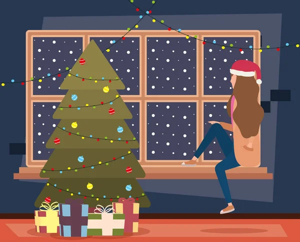 Joyeuse dame de Noël joyeuse célébrant avec l'arbre — Image vectorielle
