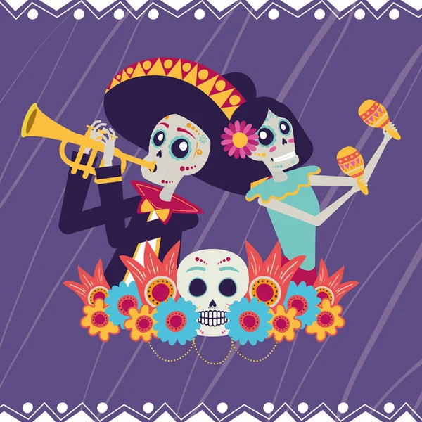 Dia de los muertos card with catrina and mariachi playing trumpet — Stock Vector