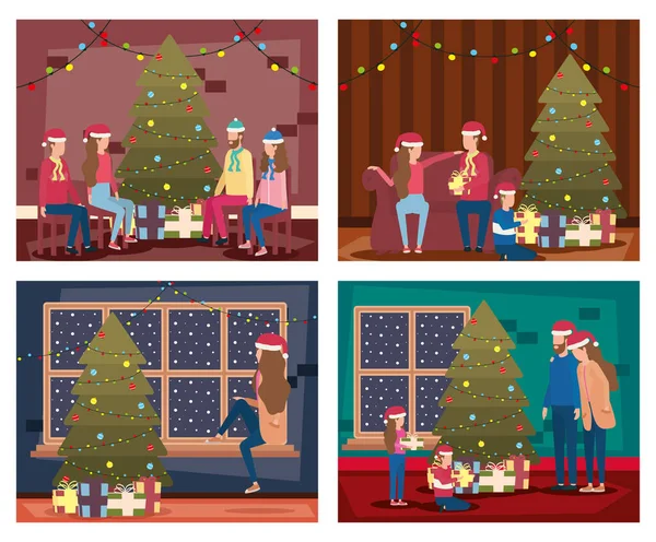 Ensemble de scènes membres de la famille célébrant Noël — Image vectorielle