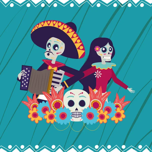 Dia de los muertos cartão com catrina e mariachi jogando acordeão — Vetor de Stock