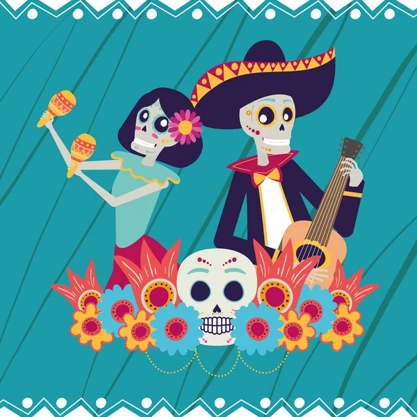Dia de los muertos card with catrina and mariachi playing guitar — Stock Vector