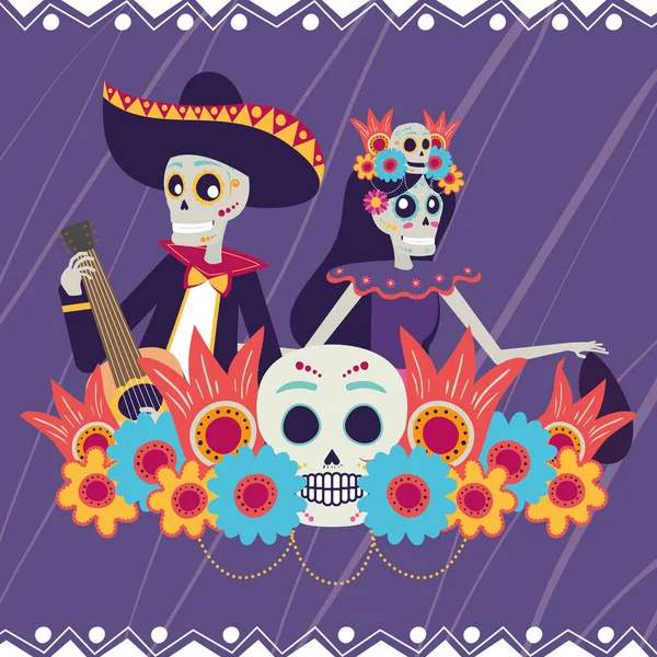 Dia de los muertos card with catrina and Mariachi playing guitar — ストックベクタ