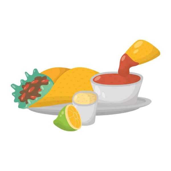 Délicieux tacos mexicains avec sauce piquante et citron — Image vectorielle