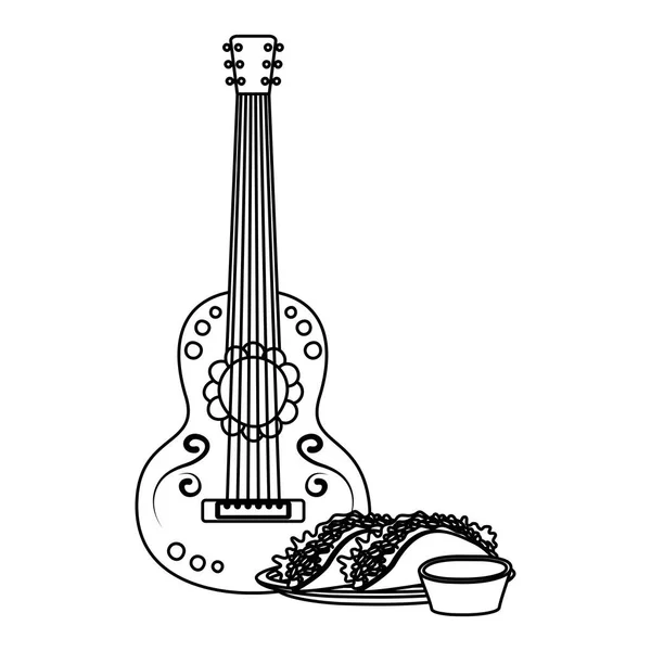 Delicious mexican tacos and sauce with guitar — Stock Vector