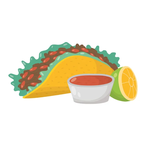 Deliciosos tacos mexicanos con salsa picante y limón — Vector de stock