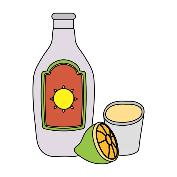 Botella de tequila mexicana y taza con limón — Vector de stock