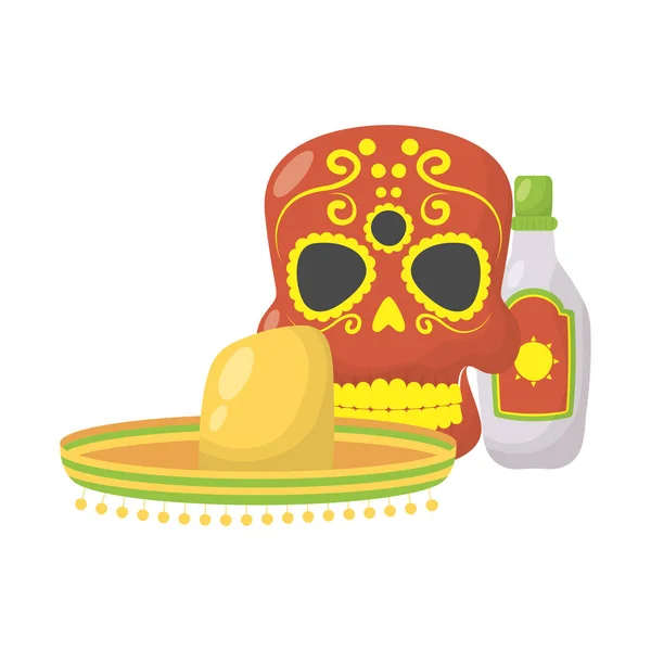 Skalle huvud med traditionell mexikansk hatt och tequila flaska — Stock vektor