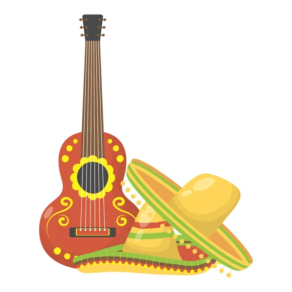Topi tradisional meksiko dengan gitar - Stok Vektor