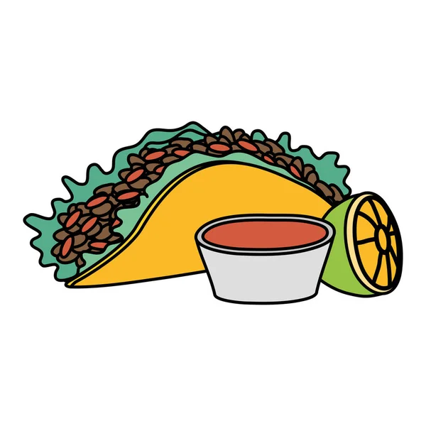 Heerlijke Mexicaanse taco 's met saus heet en citroen — Stockvector
