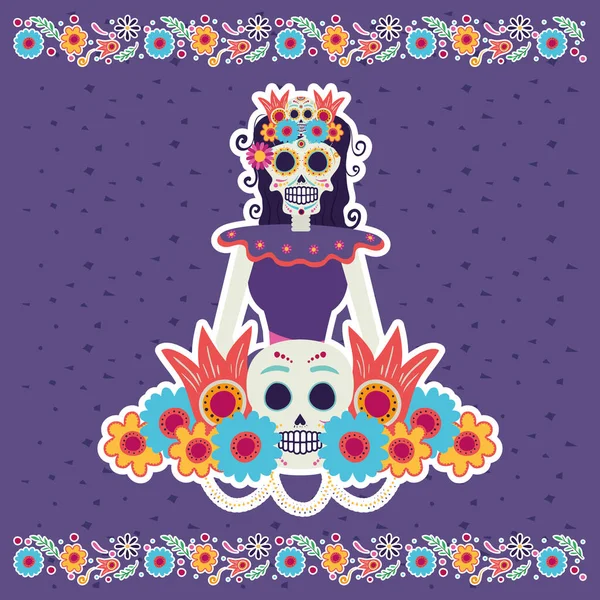 Dia de los muertos kaart met catrina schedel karakter — Stockvector