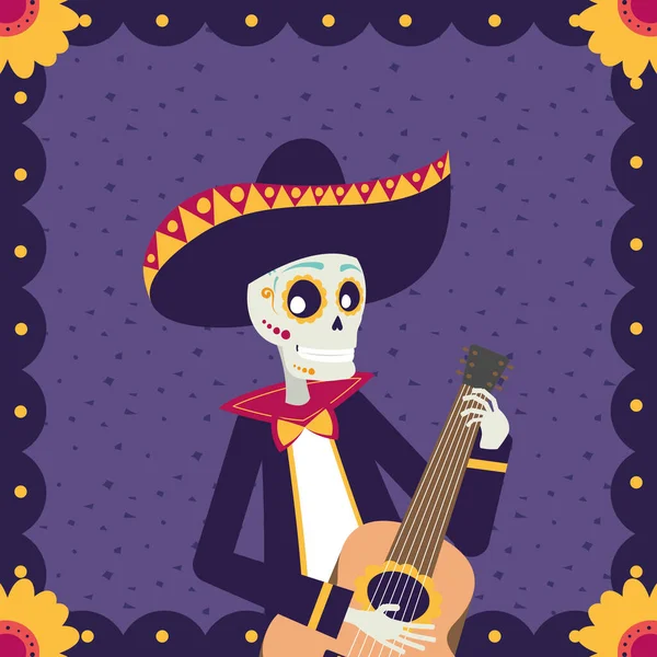 Dia de los muertos carte avec crâne de mariachi jouer de la guitare — Image vectorielle
