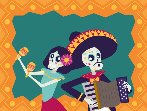 Dia de los muertos carte avec mariachi jouer de l'accordéon et catrina — Image vectorielle