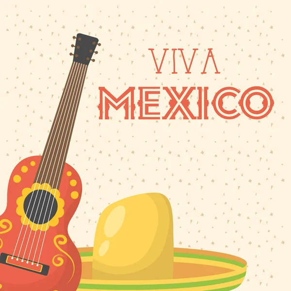 Viva celebración mexicana con guitarra y sombrero — Vector de stock