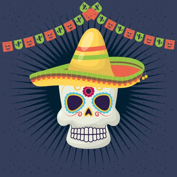 Viva mexico viering met dood masker en hoed — Stockvector