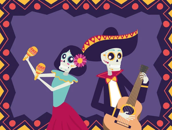 Dia de los muertos card with mariachi playing guitar and catrina — стоковый вектор