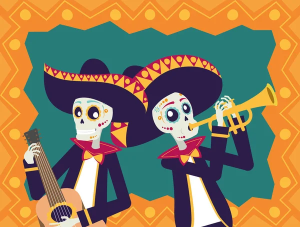 Dia de los muertos carte avec crânes de mariachis jouant de la guitare et de la trompette — Image vectorielle