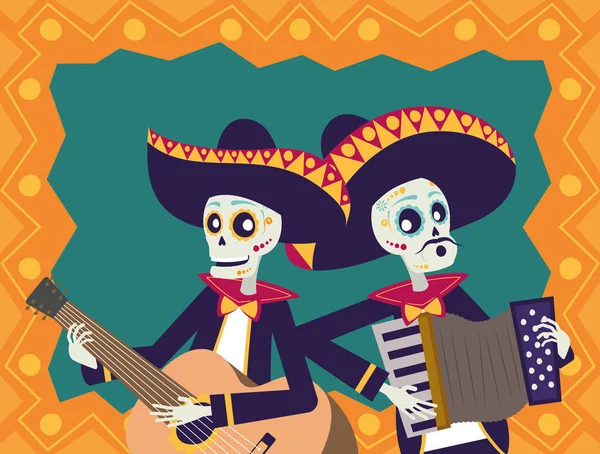 Carte dia de los muertos avec crânes de mariachis jouant de la guitare et de l'accordéon — Image vectorielle