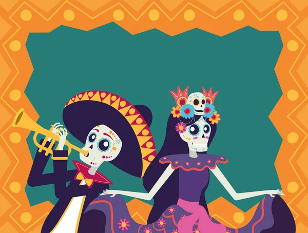 Dia de los muertos carte avec mariachi jouer de la trompette et catrina — Image vectorielle
