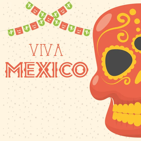 Viva celebración mexicana con máscara de muerte — Vector de stock