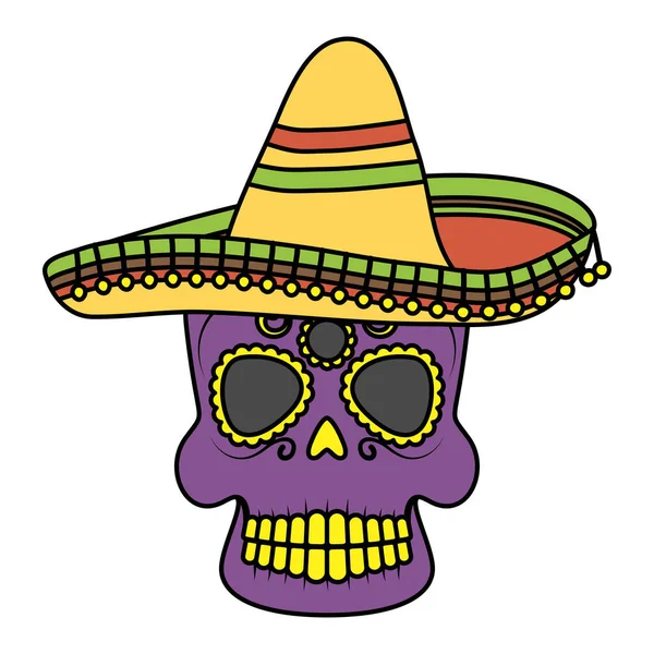 Dödskalle med traditionell mexikansk hatt — Stock vektor