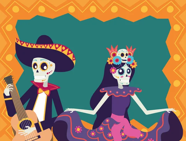 Dia de los muertos carte avec mariachi jouer de la guitare et catrina — Image vectorielle