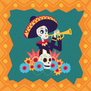 dia de los muertos card with mariachi skull playing trumpet clipart