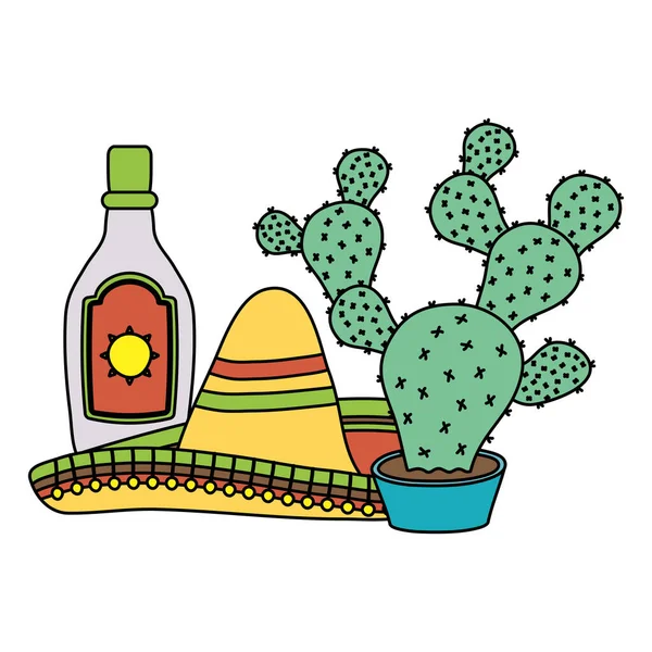 Cactus mexican with traditional hat and tequila bottle — Stock Vector
