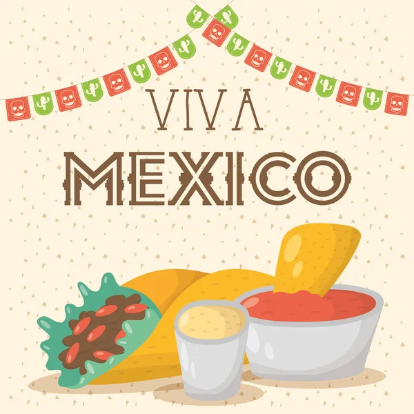 Viva celebração mexico com alimentos e molhos — Vetor de Stock