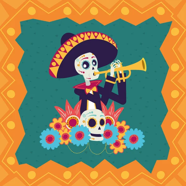 Dia de los muertos card with mariachi skull playing trumpet — Stock Vector