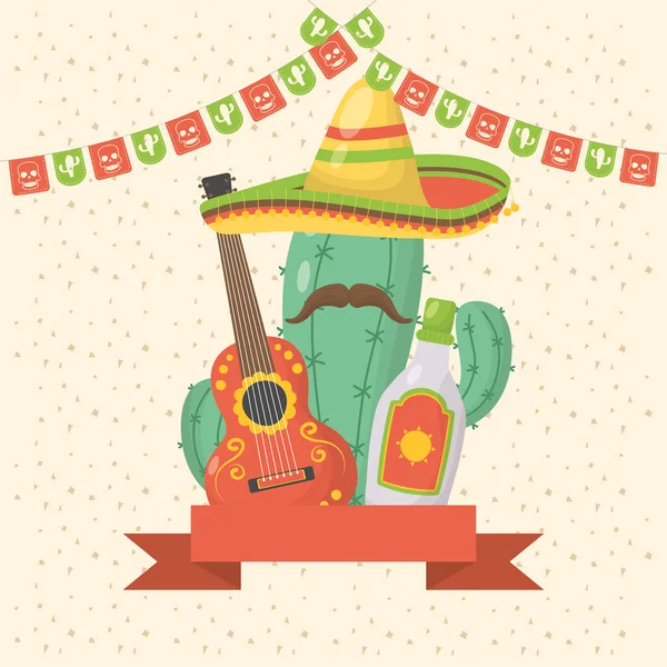 Viva celebración mexicana con cactus y sombrero — Vector de stock