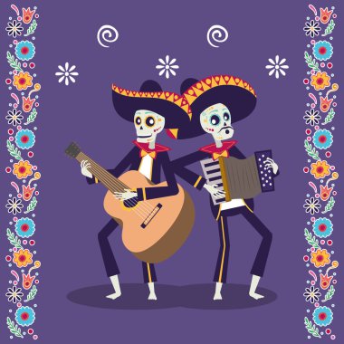 dia de los muertos card with mariachis skulls playing guitar and accordion clipart
