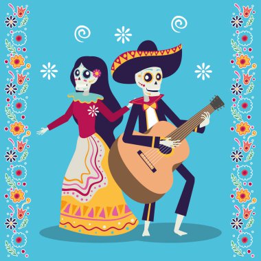 dia de los muertos card with mariachi playing guitar and catrina clipart