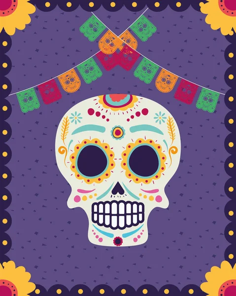 Tarjeta día de los muertos con cabeza calavera y guirnaldas — Vector de stock