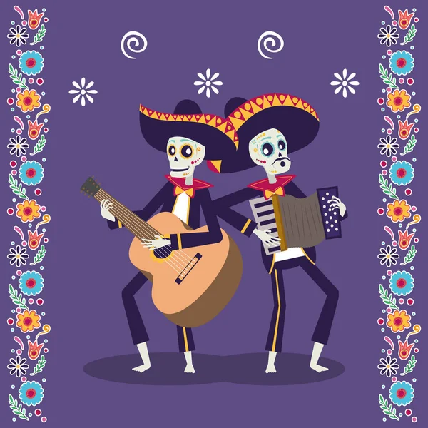 Carte dia de los muertos avec crânes de mariachis jouant de la guitare et de l'accordéon — Image vectorielle