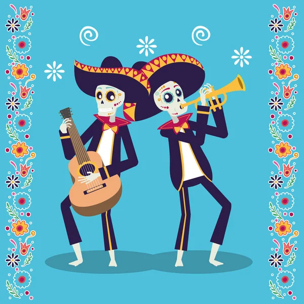 Dia de los muertos carte avec crânes de mariachis jouant de la guitare et de la trompette — Image vectorielle